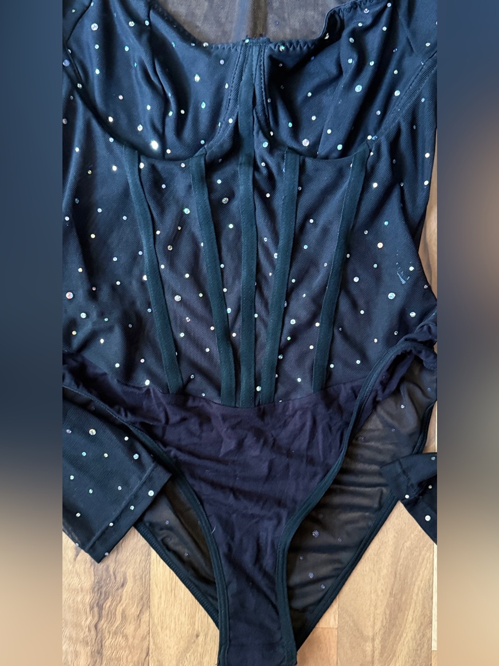 Black Rhinestone Mesh Long-Sleeve Bodysuit - Picture 3 of 7